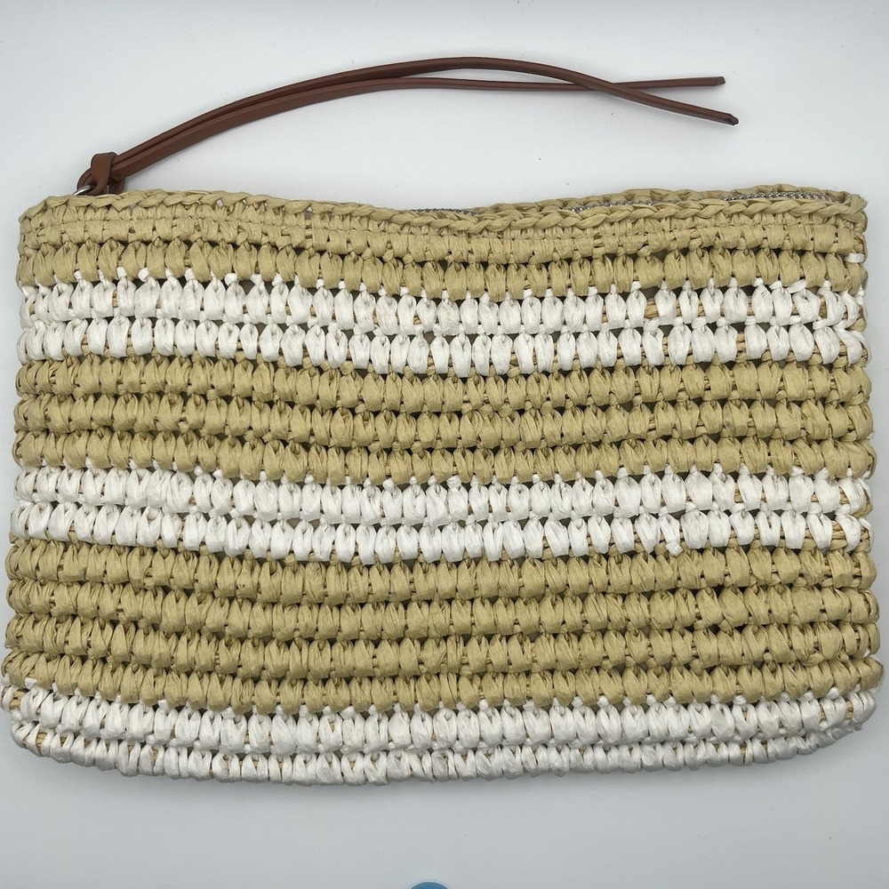 GAP Straw Clutch Bag Woven Zip Pouch Beige White Summer Beach Boho Women - Picture 11 of 15